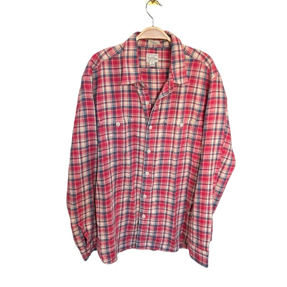 J. Crew Men’s Cotton-Hemp Blend Twill Plaid Shirt in Red/Tan/Blue Size L - Picture 1 of 6
